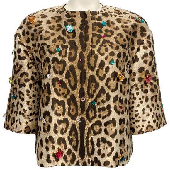 Dolce & Gabbana Brown Leopard Print Cropped Jacket with Gems - Picture 1 of 4
